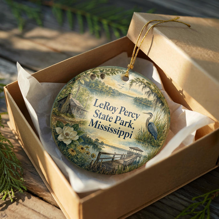 A decorative ornament in a box, featuring a scenic image of LeRoy Percy State Park in Mississippi.