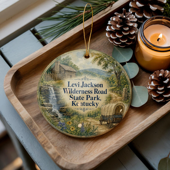 A wooden tray with a decorative ornament featuring a scenic landscape of Levi Jackson Wilderness Road, State Park, and Kentucky.