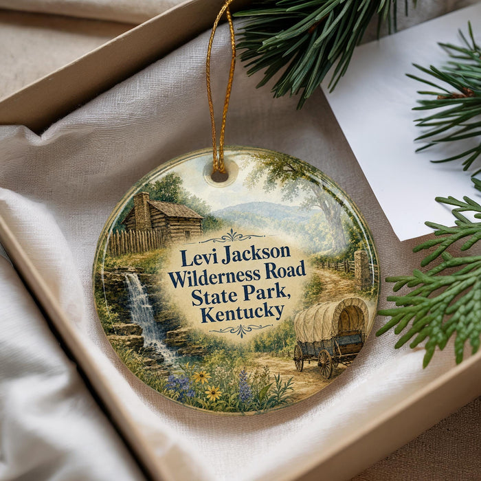 A round ornament with a painting of a cabin and a waterfall, surrounded by greenery, placed in a box with pine branches.