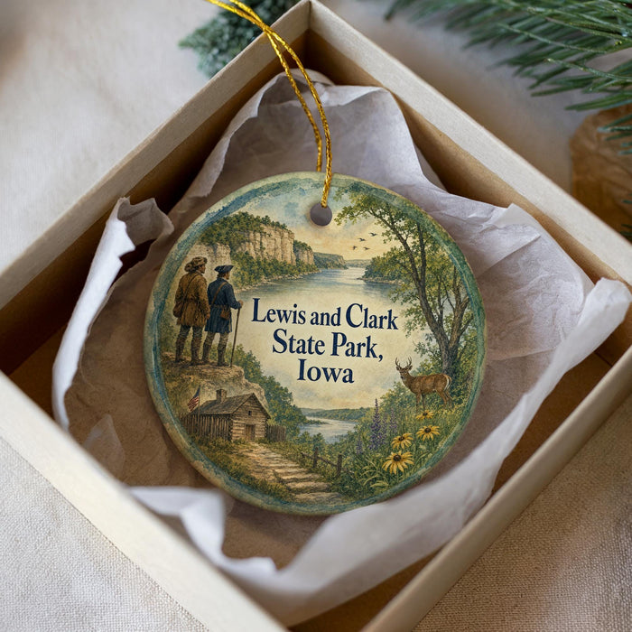 A decorative ornament in a box, featuring a scenic landscape with a river, a cabin, and two figures, along with the text "Lewis and Clark State Park, Iowa".