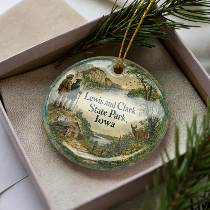 A decorative ornament in a box, featuring a scenic landscape with people, animals, and a cabin.