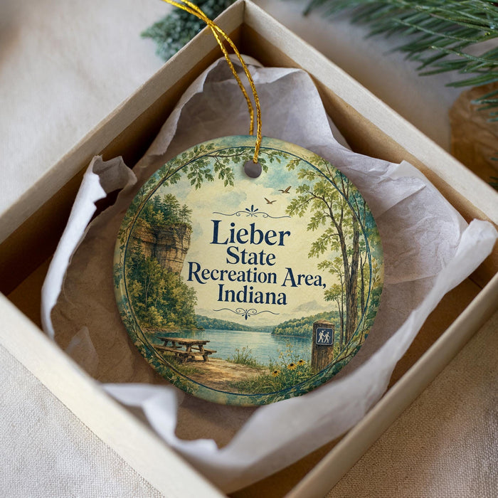 A round ornament with a scenic image of a park and a picnic table, hanging from a string.