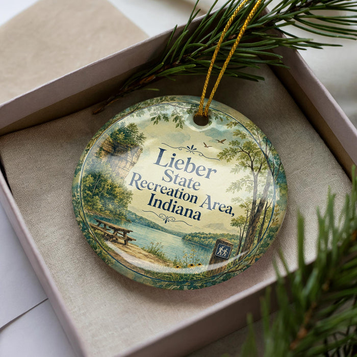 A decorative ornament in a box, featuring a scenic landscape with a lake, trees, and a picnic table.