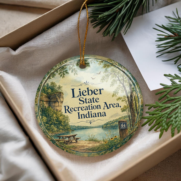 A round ornament with a scenic landscape of a lake, trees, and a picnic table, hanging from a string.