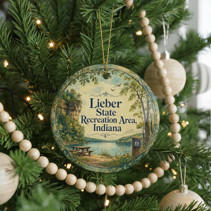 A round ornament hanging on a Christmas tree, featuring a scenic landscape with a lake and a picnic table.