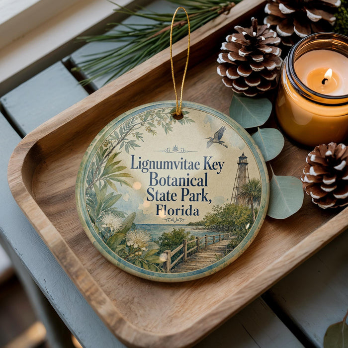 A decorative ornament with a lighthouse and palm trees, placed on a wooden tray next to pine cones and a lit candle.