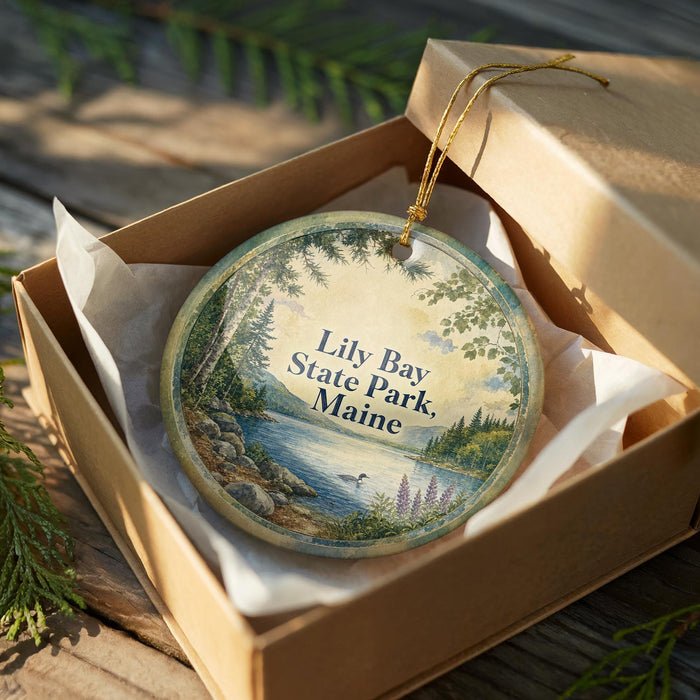 A round ornament in a wooden box, featuring a scenic landscape with a lake, trees, and mountains.