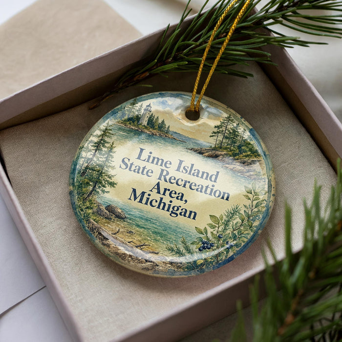 A decorative ornament with a scenic landscape of a lake and mountains, featuring the text "Lime Island State Recreation Area, Michigan" on it.
