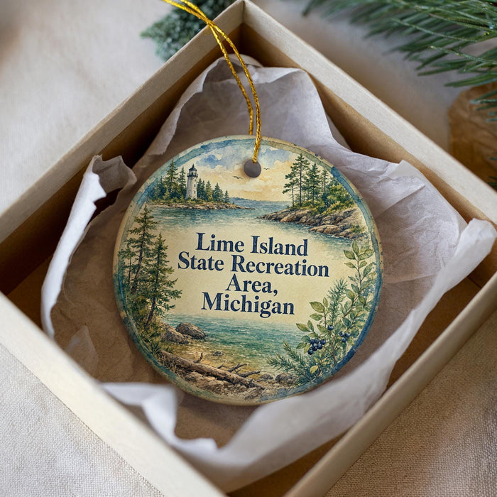 A decorative ornament in a box, featuring a scenic landscape with a lighthouse and trees, along with text that reads "Lime Island State Recreation Area, Michigan".