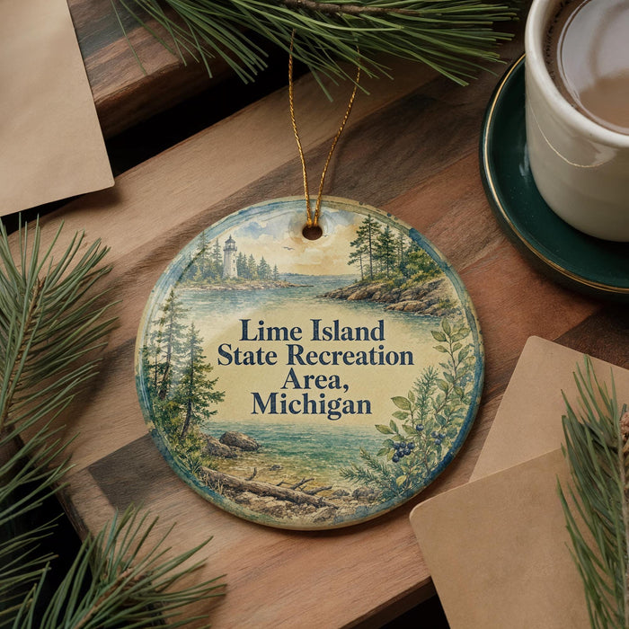 A round ornament with a scenic landscape of a lake and forest, featuring a lighthouse, is displayed on a wooden surface alongside a cup of coffee and some pine branches.
