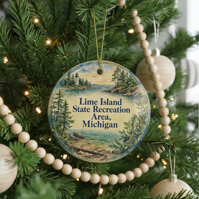 A round ornament hanging on a Christmas tree, featuring a scenic landscape with a lighthouse and trees.