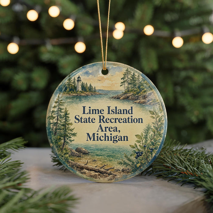 A round ornament with a scenic landscape of a lake, forest, and mountains, along with the text "Lime Island State Recreation Area, Michigan".