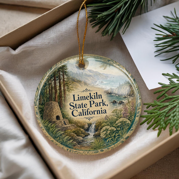 A decorative ornament with a scenic landscape of Limerick State Park, California, featuring a stone tower, trees, and a waterfall.