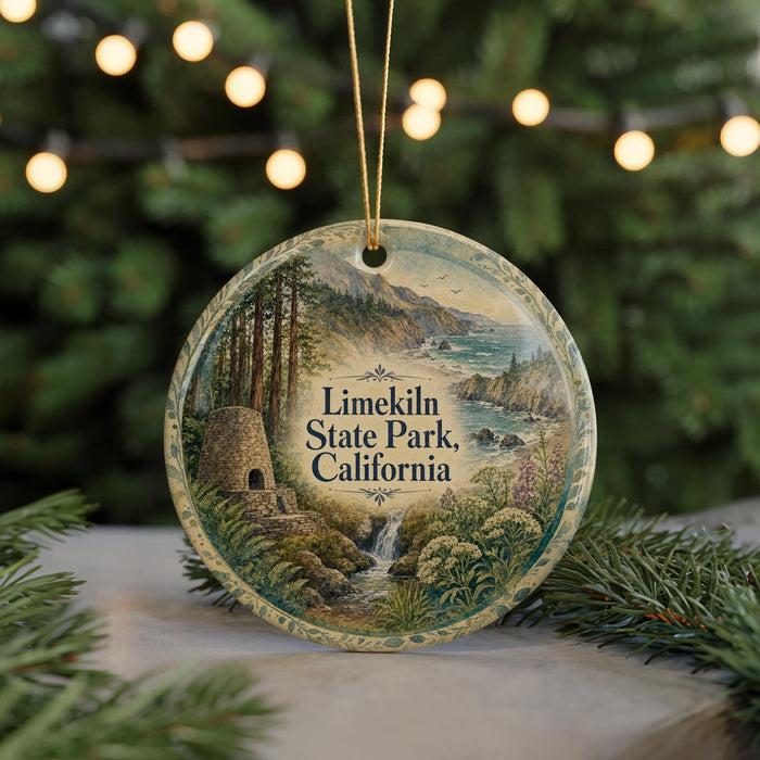 A round ornament with a scenic landscape of Limelihn State Park, California, featuring a waterfall, pine trees, and mountains.