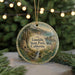 A round ornament with a scenic landscape of Limelihn State Park, California, featuring a waterfall, pine trees, and mountains.