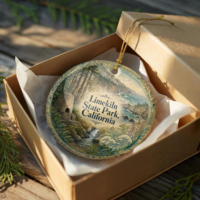 A decorative ornament in a wooden box, featuring a scenic landscape with a waterfall and forest, with the text "Limekiln State Park, California" printed on it.