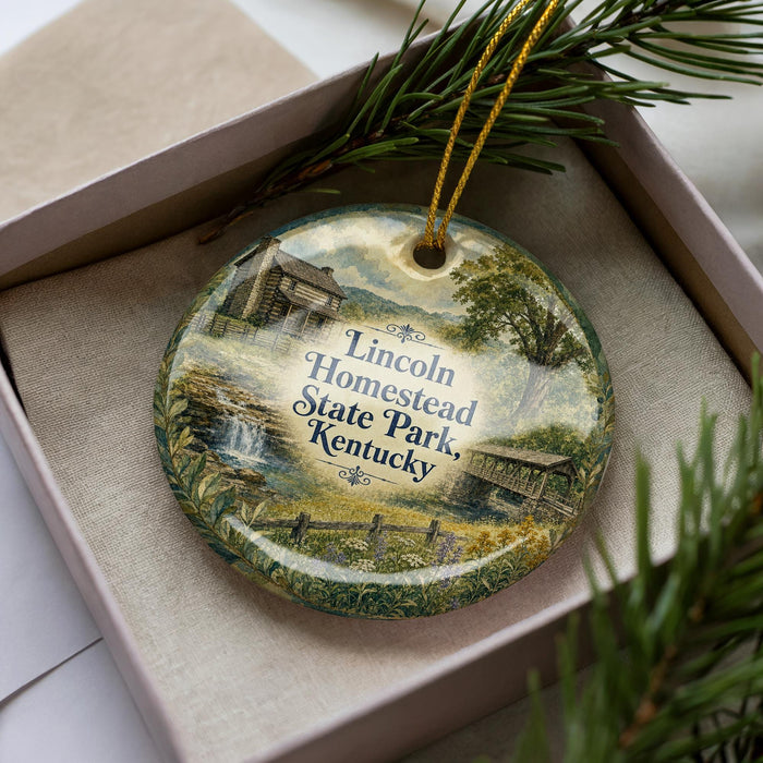 A decorative ornament with a scenic landscape of a cabin and a stream, featuring the text "Lincoln Homestead State Park, Kentucky" on it.