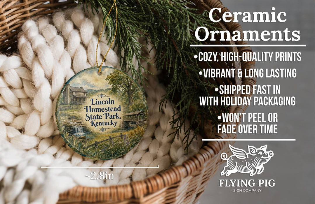 Ceramic ornaments, featuring a detailed image of a house in the woods, are displayed in a woven basket.