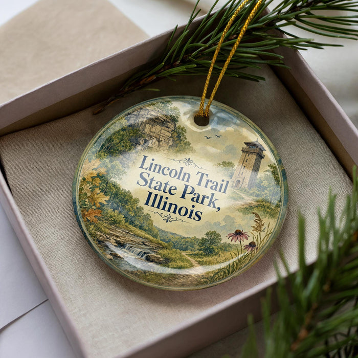 A decorative ornament in a box, featuring a scenic landscape with a tower and greenery, with the text "Lincoln Trail State Park, Illinois" prominently displayed.