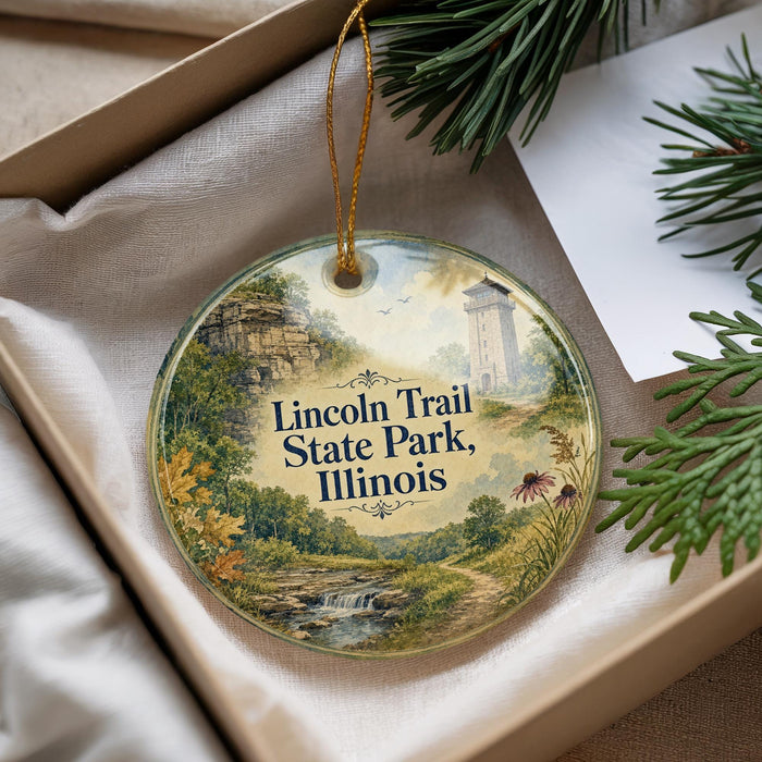 A decorative ornament with a scenic landscape of the Lincoln Trail State Park in Illinois, featuring a waterfall, trees, and a tower.
