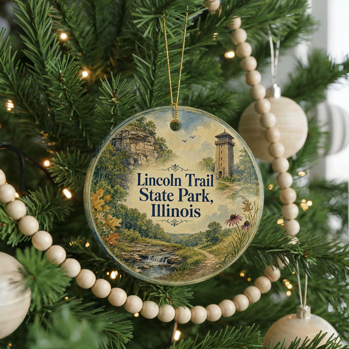 A round ornament hanging on a Christmas tree, featuring a scenic landscape with a tower and a waterfall.