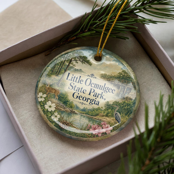 A decorative ornament in a box, featuring a scenic landscape with a deer, flowers, and a bird, along with the text "Little Ocmulgee State Park, Georgia".