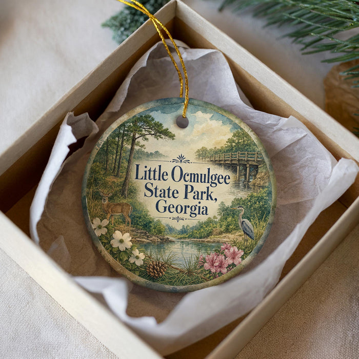 A decorative ornament in a white box, featuring a scenic landscape with a bridge, trees, and wildlife.