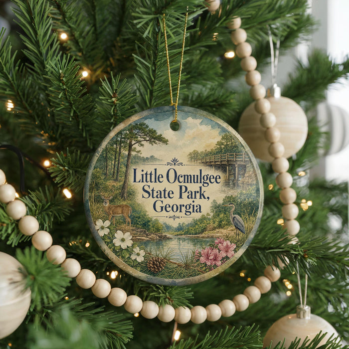 A round ornament hanging on a Christmas tree, featuring a scenic image of Little Ocmulgee State Park in Georgia.