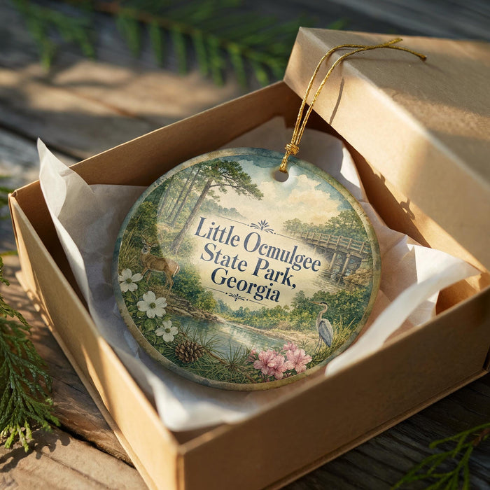A decorative ornament in a box, featuring a scenic landscape with a deer, flowers, and a bird, along with the text "Little Ocmulgee State Park, Georgia".