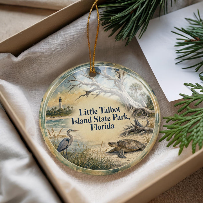 A decorative ornament with a scenic image of a bird, a lighthouse, and a turtle, along with the text "Little Talbot Island State Park, Florida".
