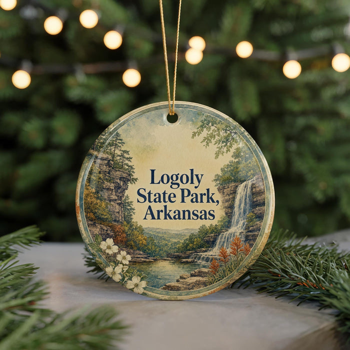 A circular ornament with a scenic landscape of Loggy State Park, Arkansas, featuring a waterfall and pine trees, is displayed on a table with Christmas lights in the background.