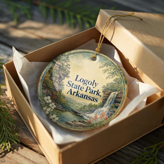 A decorative ornament in a brown box, featuring a scenic landscape with a waterfall and trees, with the text "Logoy State Park, Arkansas" printed on it.