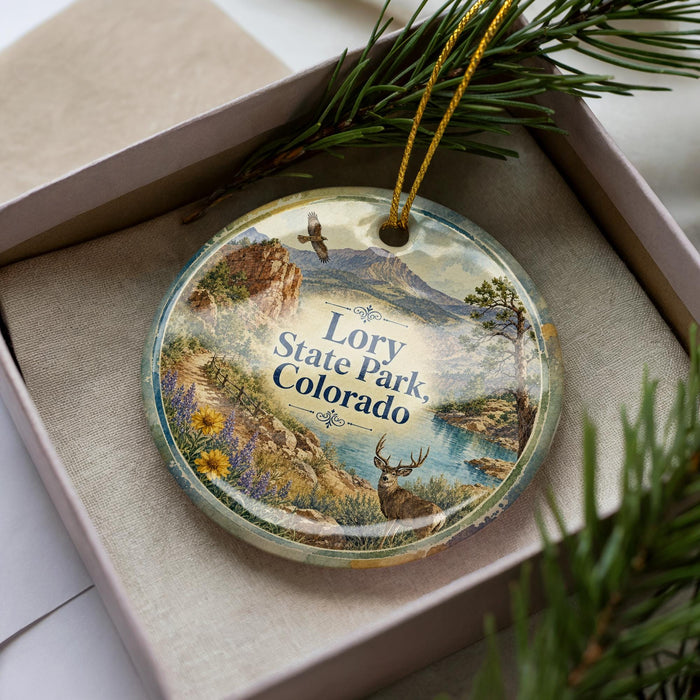 A decorative ornament in a box, featuring a scenic landscape with mountains, trees, and wildlife, including a deer.