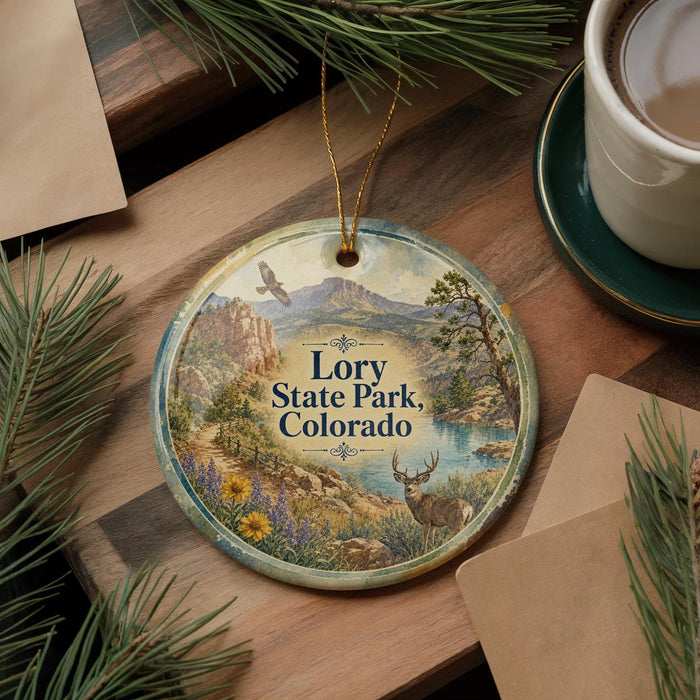 A round ornament with a scenic landscape of Lory State Park, Colorado, featuring a deer, mountains, and a river.