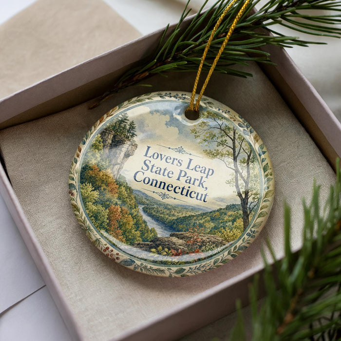 A decorative ornament with a scenic landscape of a river and mountains, featuring the text "Love's Leap State Park, Connecticut" on it.