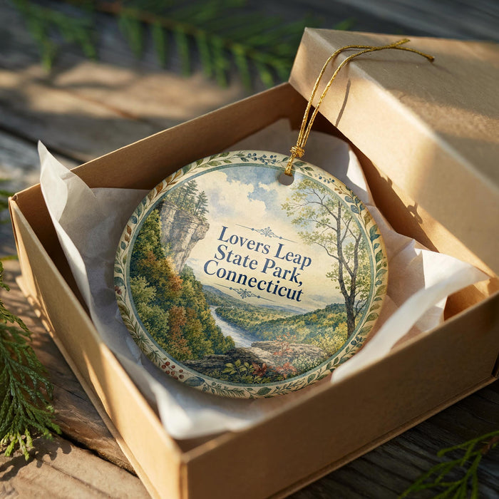 A decorative ornament in a box, featuring a scenic landscape with a river and trees, with the text "Lovers Leap State Park, Connecticut" printed on it.