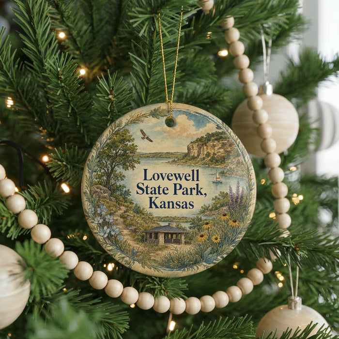A round ornament hanging on a Christmas tree, featuring a scenic landscape with a house, trees, and a body of water.