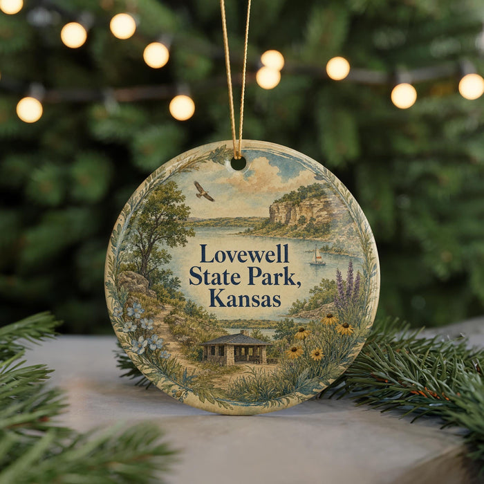 A round ornament with a scenic landscape of Lovewell State Park, Kansas, featuring a cabin, trees, and a lake.