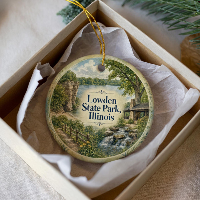 A decorative ornament in a box, featuring a scenic landscape with a lake, waterfall, and forest.