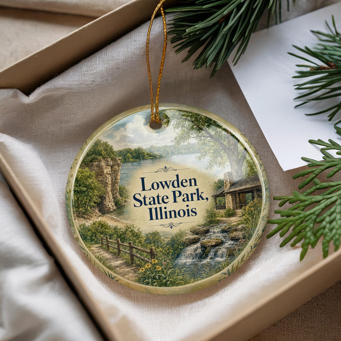 A decorative ornament with a scenic landscape of Lowden State Park, Illinois, featuring a waterfall, a cabin, and a forest.