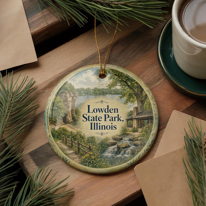 A decorative ornament featuring a scenic landscape of Lowden State Park, Illinois, with a lake, forest, and waterfall.