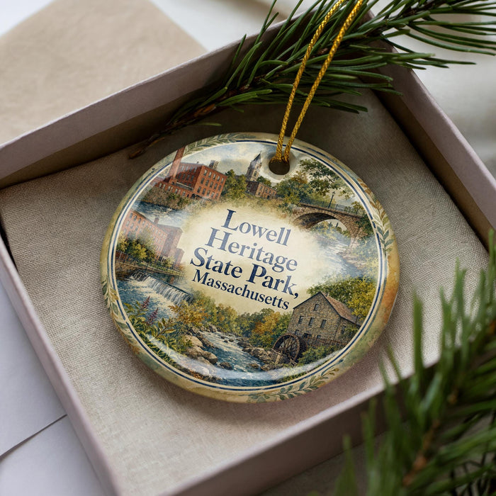 A decorative ornament with a scenic image of Lowell Heritage State Park in Massachusetts, featuring a river, buildings, and greenery.