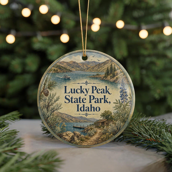 A round ornament with a scenic landscape of Lucky Peak State Park, Idaho, featuring a mountain, lake, and forest.