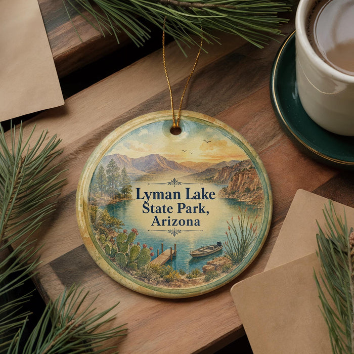 A circular ornament with a scenic landscape of a lake, mountains, and a boat, hanging on a wooden surface.