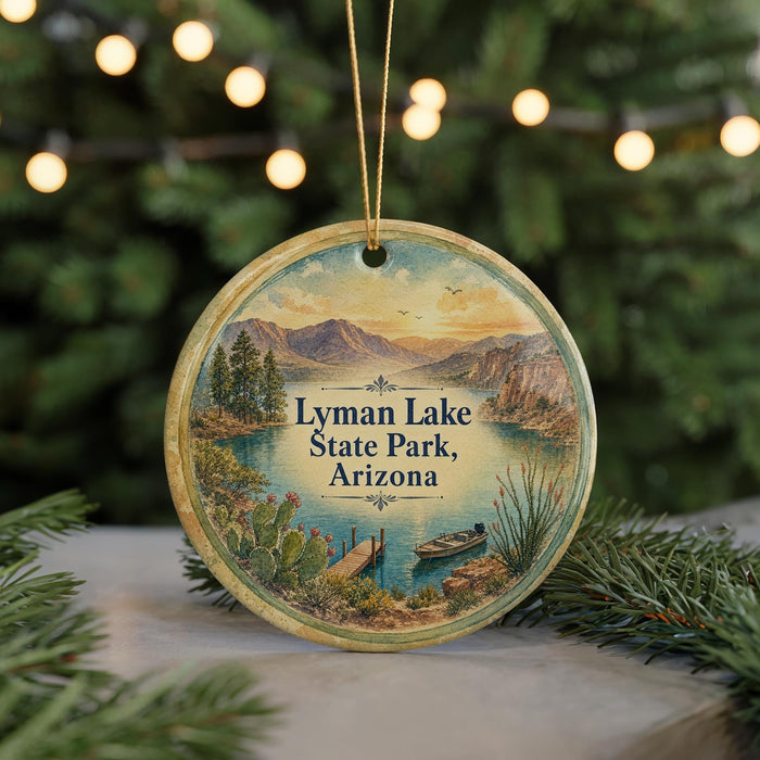 A circular ornament with a scenic landscape of mountains, a lake, and a boat, hanging in front of a Christmas tree with lights.