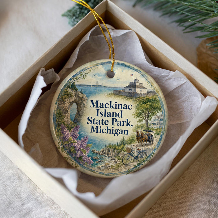 A decorative ornament in a box, featuring a scenic image of Mackinac Island, Michigan.