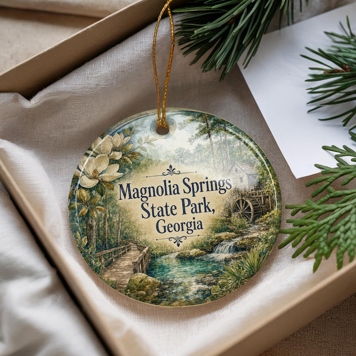 A decorative ornament with a scenic image of Magnolia Springs State Park, Georgia, hanging from a string.