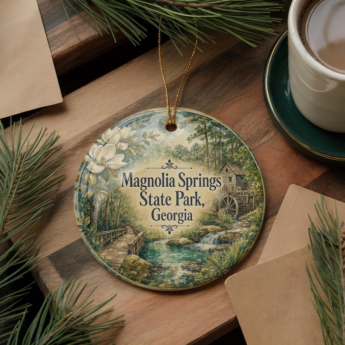 A decorative ornament featuring a scenic landscape of Magnolia Springs State Park in Georgia, with a small wooden cabin and a stream in the background.