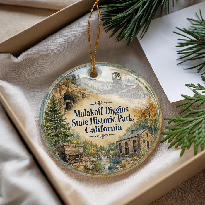 A round ornament with a scenic image of Malakoff Diggers State Historic Park, California, hanging from a string.