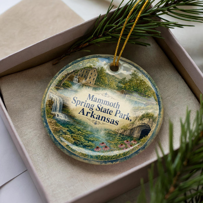 A decorative ornament with a scenic image of Mammoth Spring State Park in Arkansas, featuring a waterfall and lush greenery.